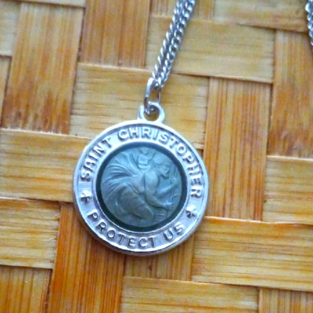 Saint Christopher Dolphin Blue Sterling Silver Small Pendant w/Necklace 18"